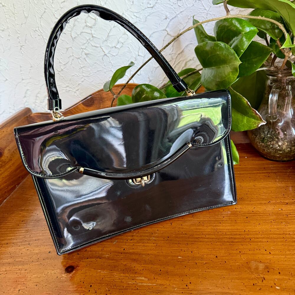 Vintage Black Patent Purse Mid Century Structured Handbag Top Handle Retro Bag